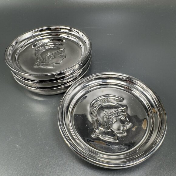 MCM Kimiko Silver Glass Tone Metal Coasters Guardian Crest Barware Set 4 Japan - Picture 8 of 12
